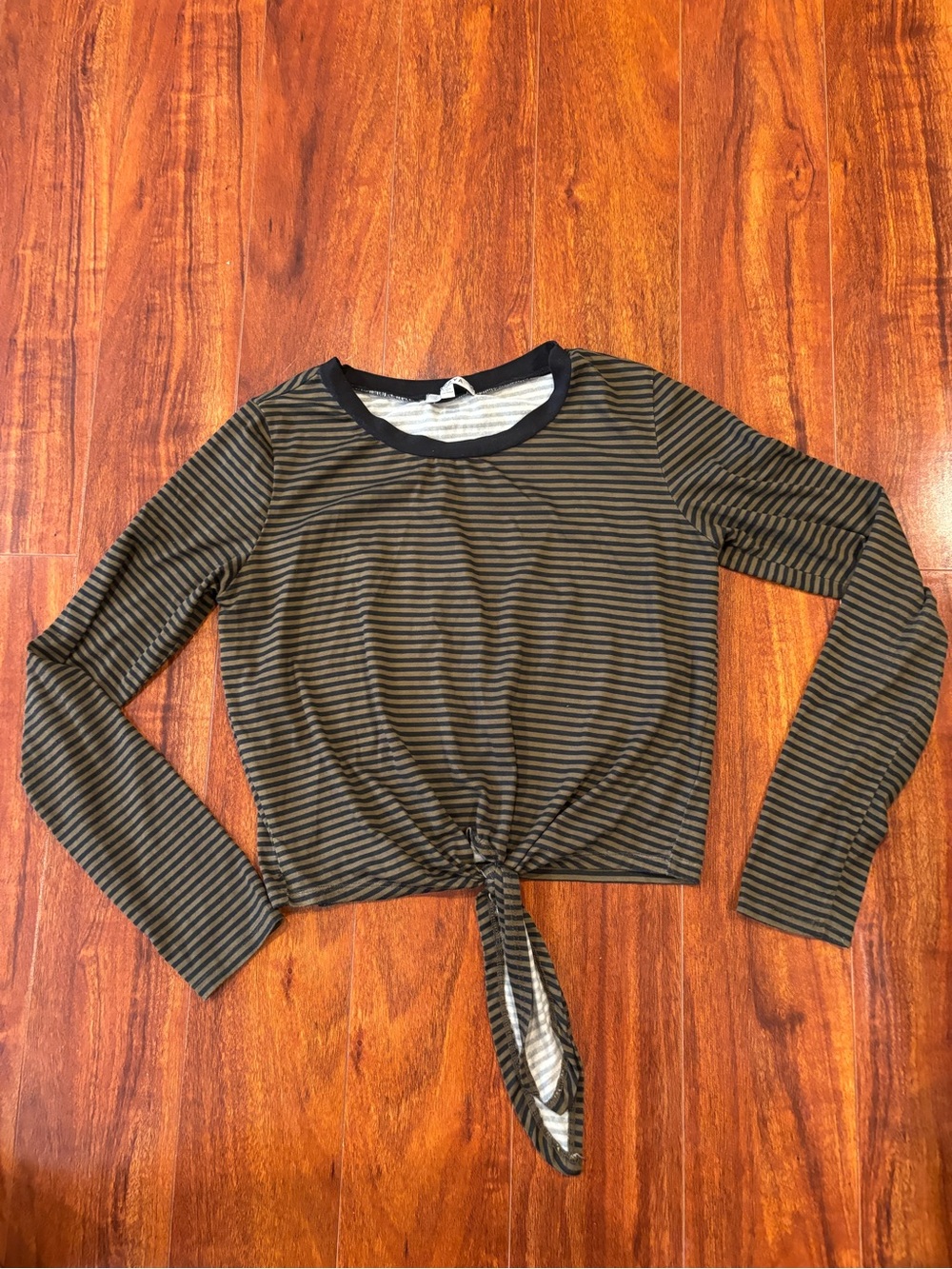 Papaya Olive and Black Striped Tie-Front Long Sleeve Top